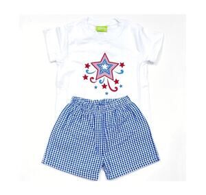 Classic Whimsy Happy Fourth Blue Gingham Short Set
